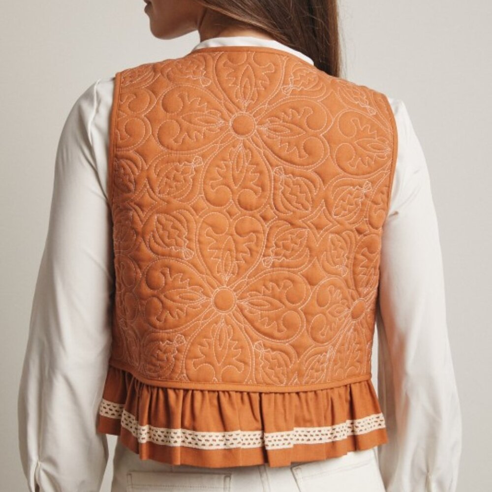 Quilted Peplum Vest with Lace Trim in Terracotta | Western Boho - Picture 3 of 15